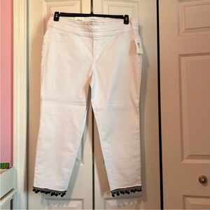 White Cropped Pants with Black Pom Pom Trim